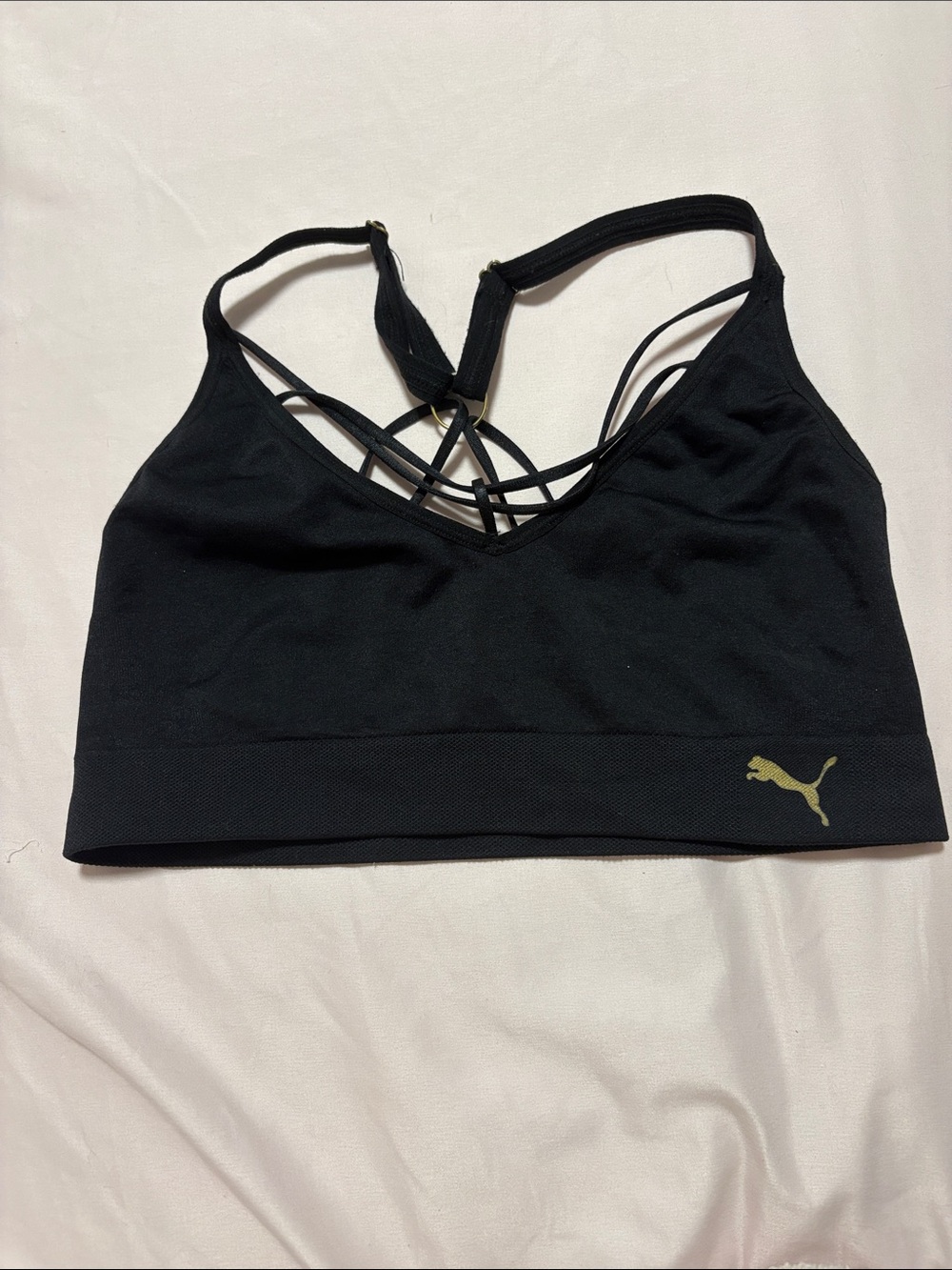Puma Black Strappy Back Sports Bra with Gold Logo
